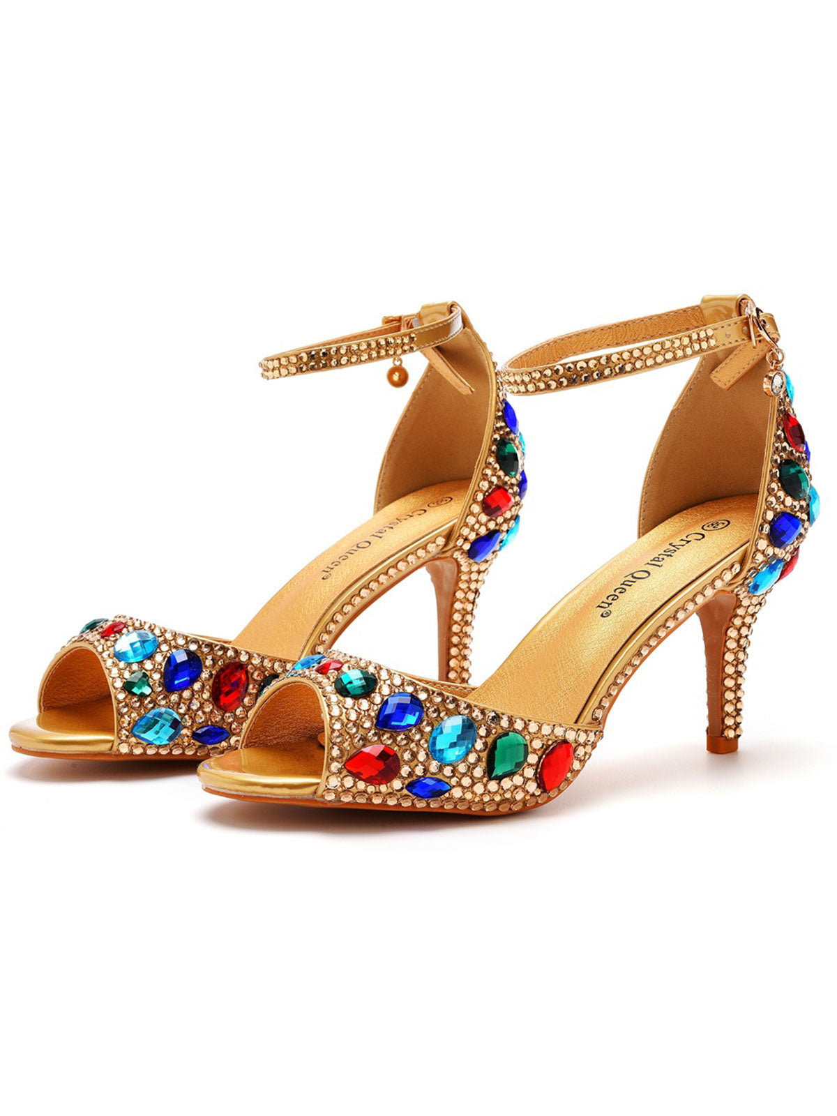 Peep Toe Colorful Rhinestone Decor Ankle-strap High Heels